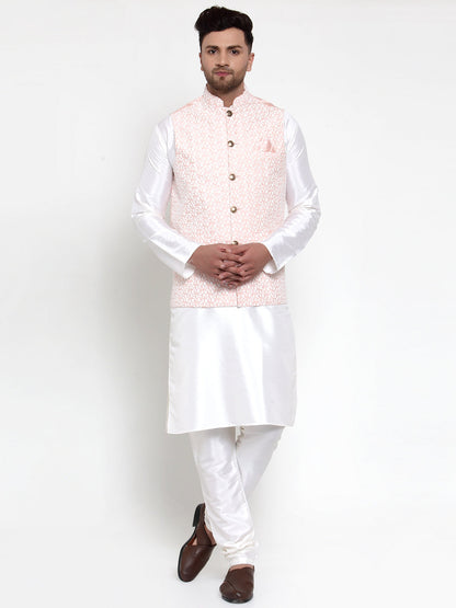 Men'S Solid Dupion Kurta Pajama With Embroidered Nehru Jacket