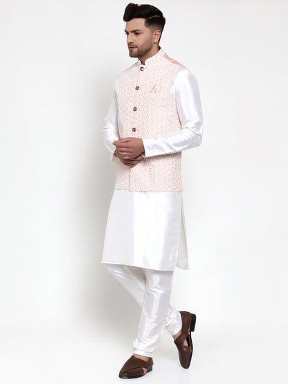 Men'S Solid Dupion Kurta Pajama With Embroidered Nehru Jacket