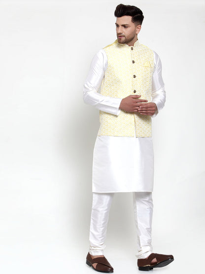 Men'S Solid Dupion Kurta Pajama With Embroidered Nehru Jacket