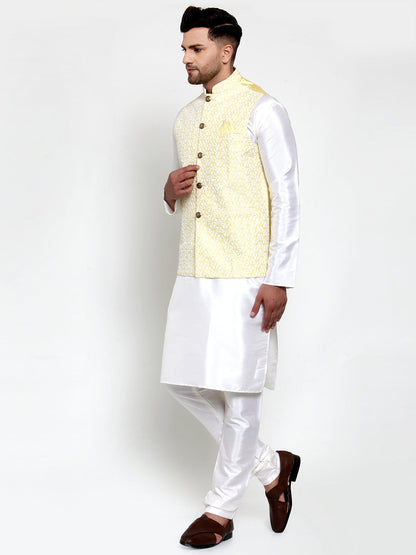 Men'S Solid Dupion Kurta Pajama With Embroidered Nehru Jacket
