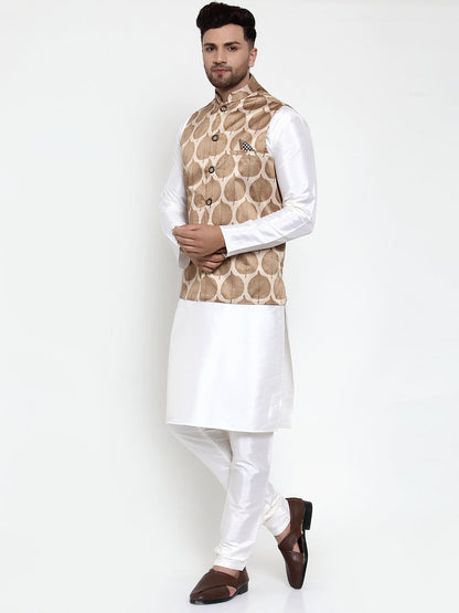 Men'S Solid Dupion Kurta Pajama With Printed Nehru Jacket