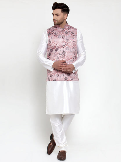 Men'S Solid Dupion Kurta Pajama With Printed Nehru Jacket