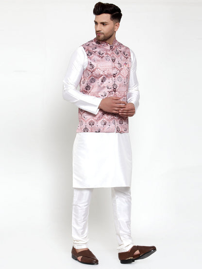 Men'S Solid Dupion Kurta Pajama With Printed Nehru Jacket