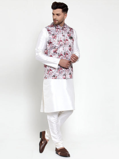 Men'S Solid Dupion Kurta Pajama With Printed Nehru Jacket