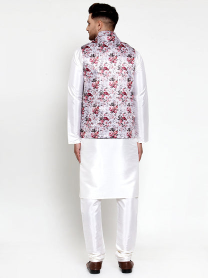 Men'S Solid Dupion Kurta Pajama With Printed Nehru Jacket
