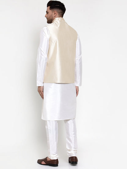 Men'S Solid Dupion Kurta Pajama With Embroidered Nehru Jacket