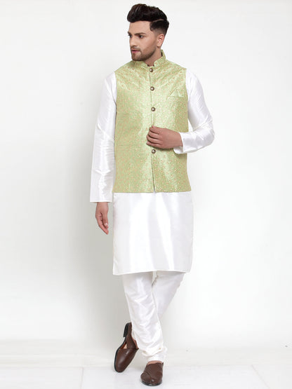 Men'S Solid Dupion Kurta Pajama With Embroidered Nehru Jacket