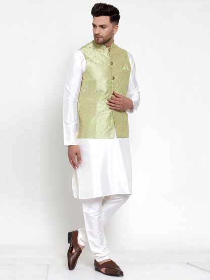 Men'S Solid Dupion Kurta Pajama With Embroidered Nehru Jacket