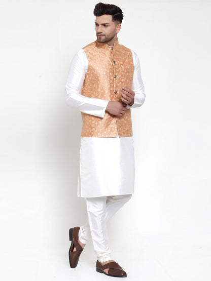 Men'S Solid Dupion Kurta Pajama With Embroidered Nehru Jacket