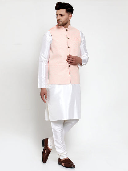 Men'S Solid Dupion Kurta Pajama With Embroiderd Nehru Jacket