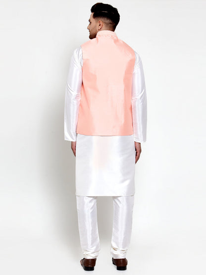 Men'S Solid Dupion Kurta Pajama With Embroiderd Nehru Jacket