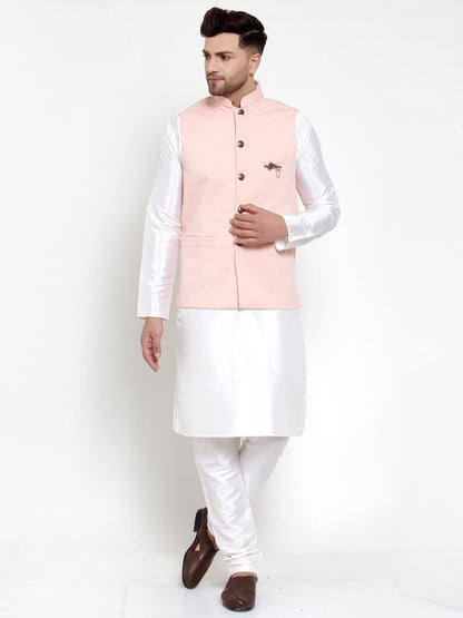Men'S Solid Dupion Kurta Pajama With Woven Nehru Jacket