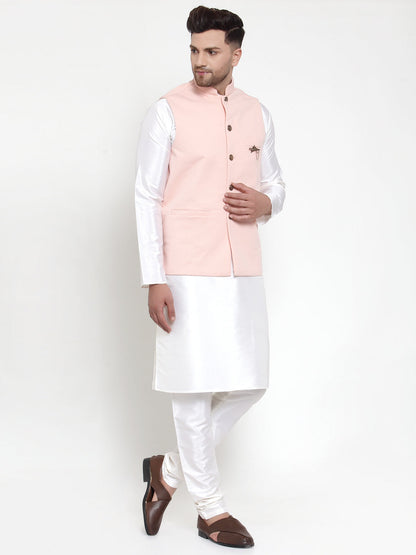 Men'S Solid Dupion Kurta Pajama With Woven Nehru Jacket