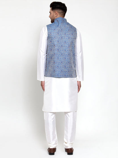 Men'S Solid Dupion Kurta Pajama With Woven Jacquard Nehru Jacket