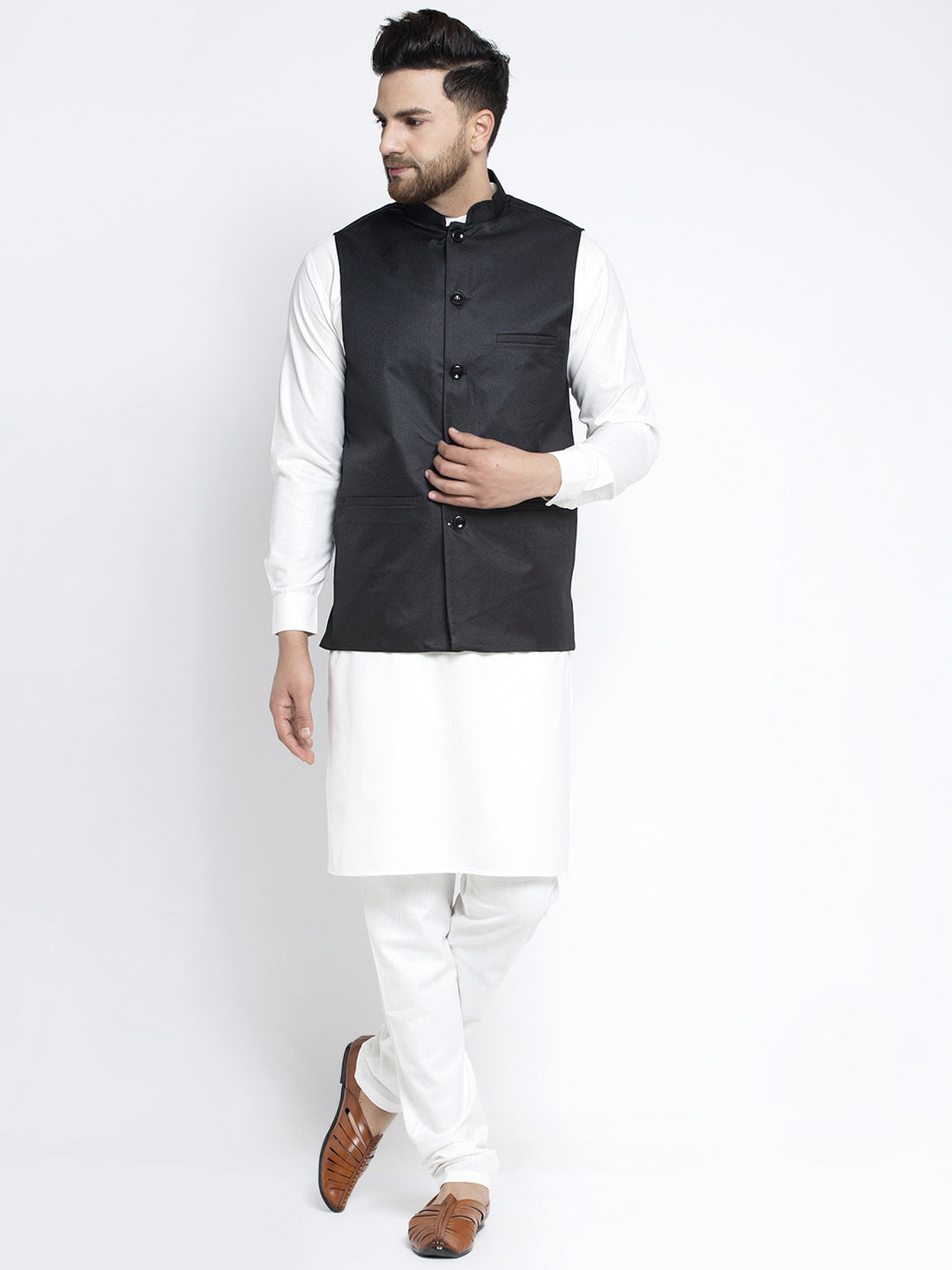 Solid White Cotton Kurta Payjama With Solid Black Waistcoat