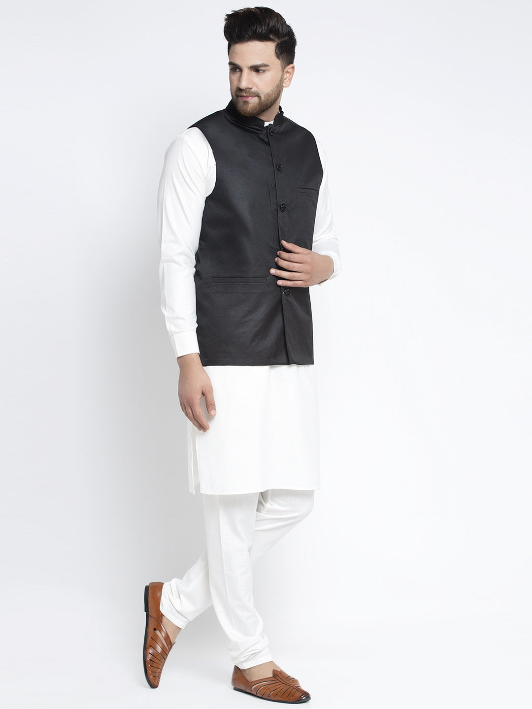 Solid White Cotton Kurta Payjama With Solid Black Waistcoat