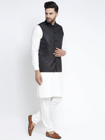 Solid White Cotton Kurta Payjama With Solid Black Waistcoat