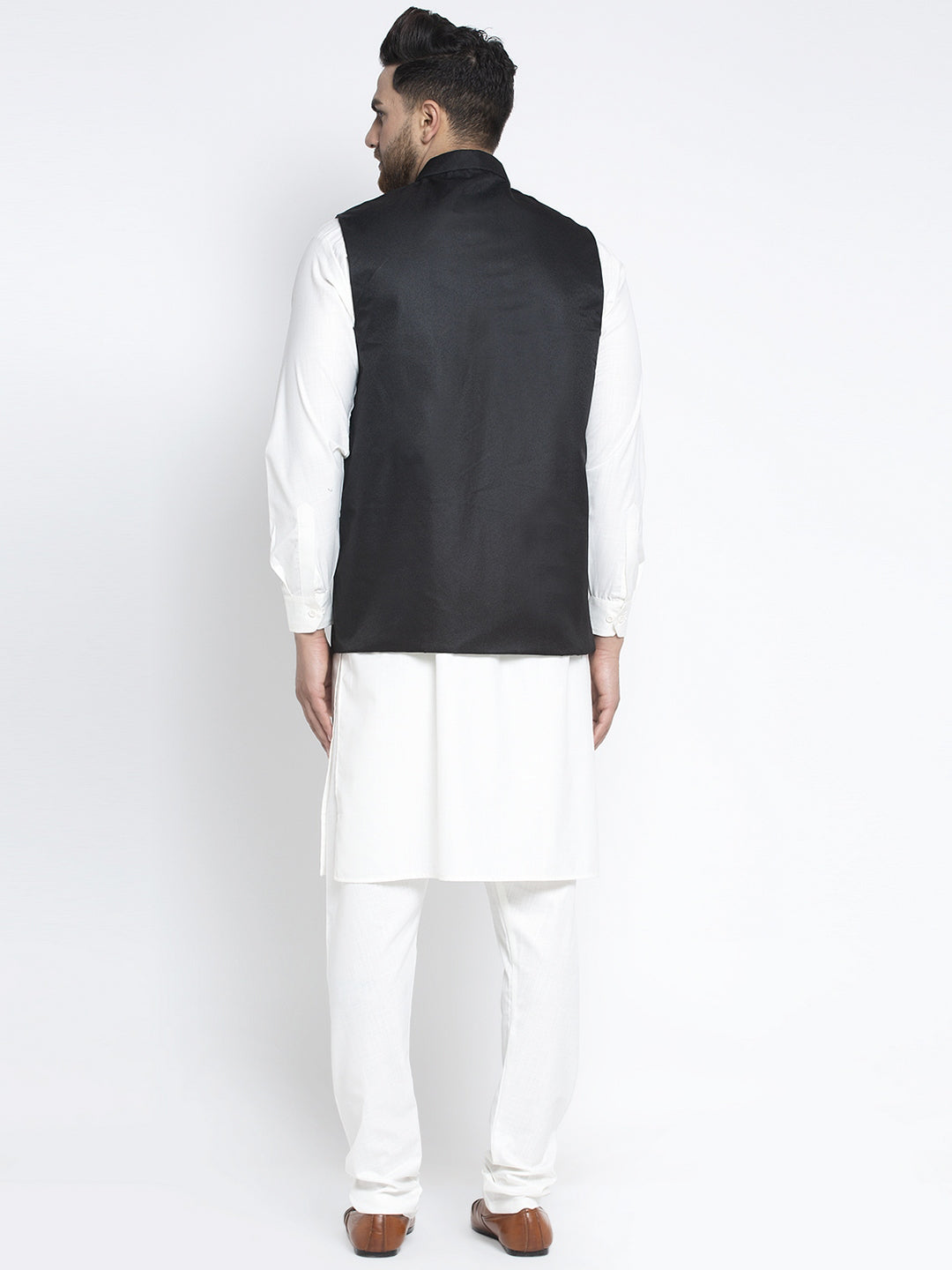 Solid White Cotton Kurta Payjama With Solid Black Waistcoat