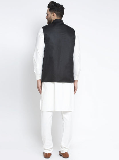 Solid White Cotton Kurta Payjama With Solid Black Waistcoat