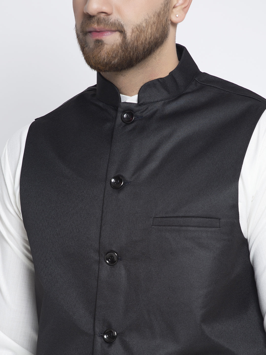 Solid White Cotton Kurta Payjama With Solid Black Waistcoat