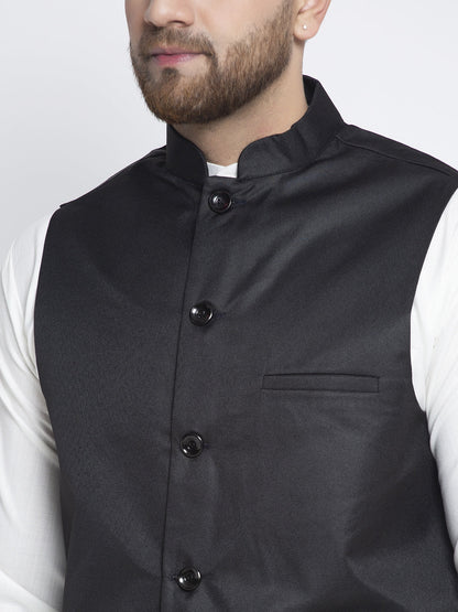 Solid White Cotton Kurta Payjama With Solid Black Waistcoat