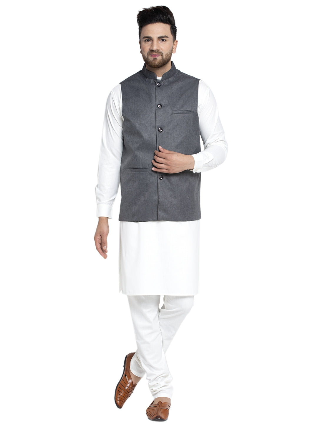 Solid White Cotton Kurta Payjama With Solid Charcoal Waistcoat
