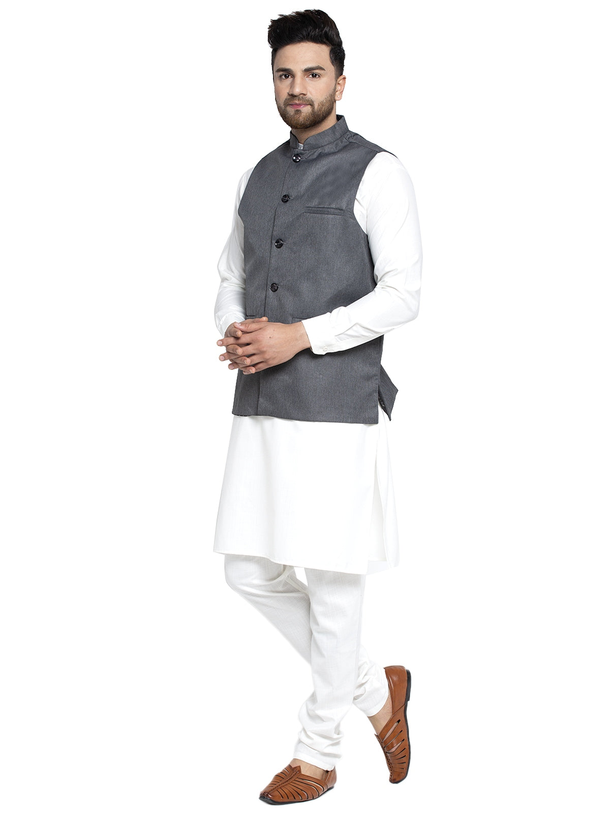 Solid White Cotton Kurta Payjama With Solid Charcoal Waistcoat