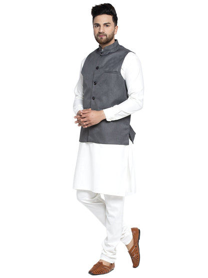 Solid White Cotton Kurta Payjama With Solid Charcoal Waistcoat