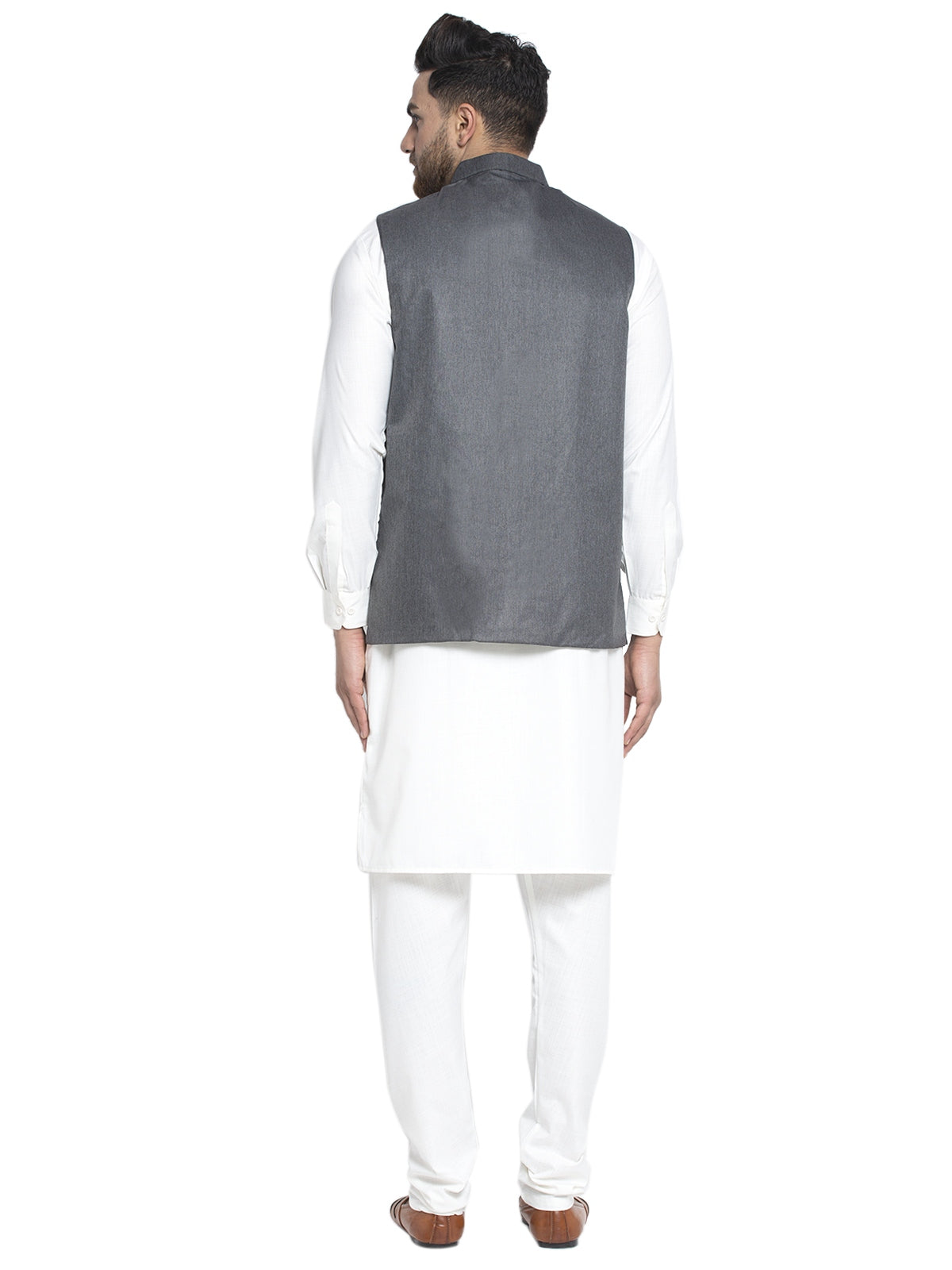 Solid White Cotton Kurta Payjama With Solid Charcoal Waistcoat
