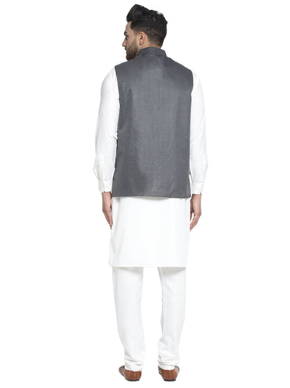 Solid White Cotton Kurta Payjama With Solid Charcoal Waistcoat