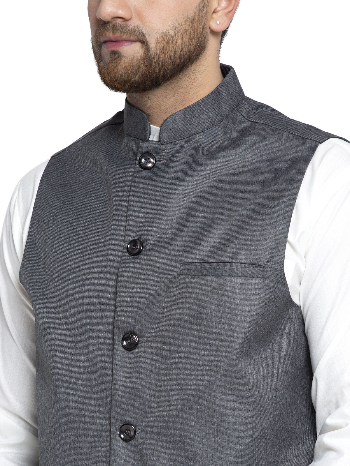 Solid White Cotton Kurta Payjama With Solid Charcoal Waistcoat