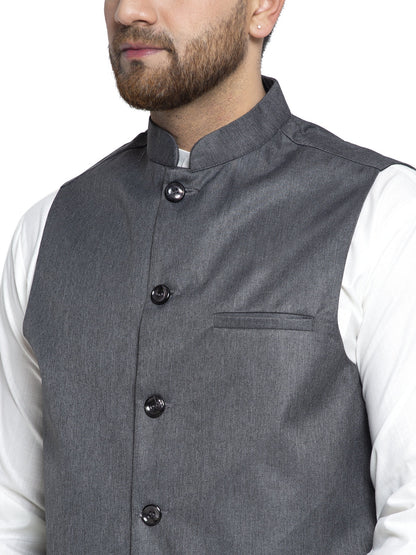 Solid White Cotton Kurta Payjama With Solid Charcoal Waistcoat