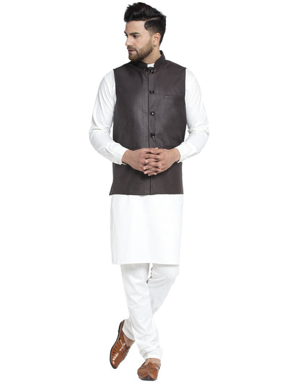 Solid White Cotton Kurta Payjama With Solid Coffee Waistcoat