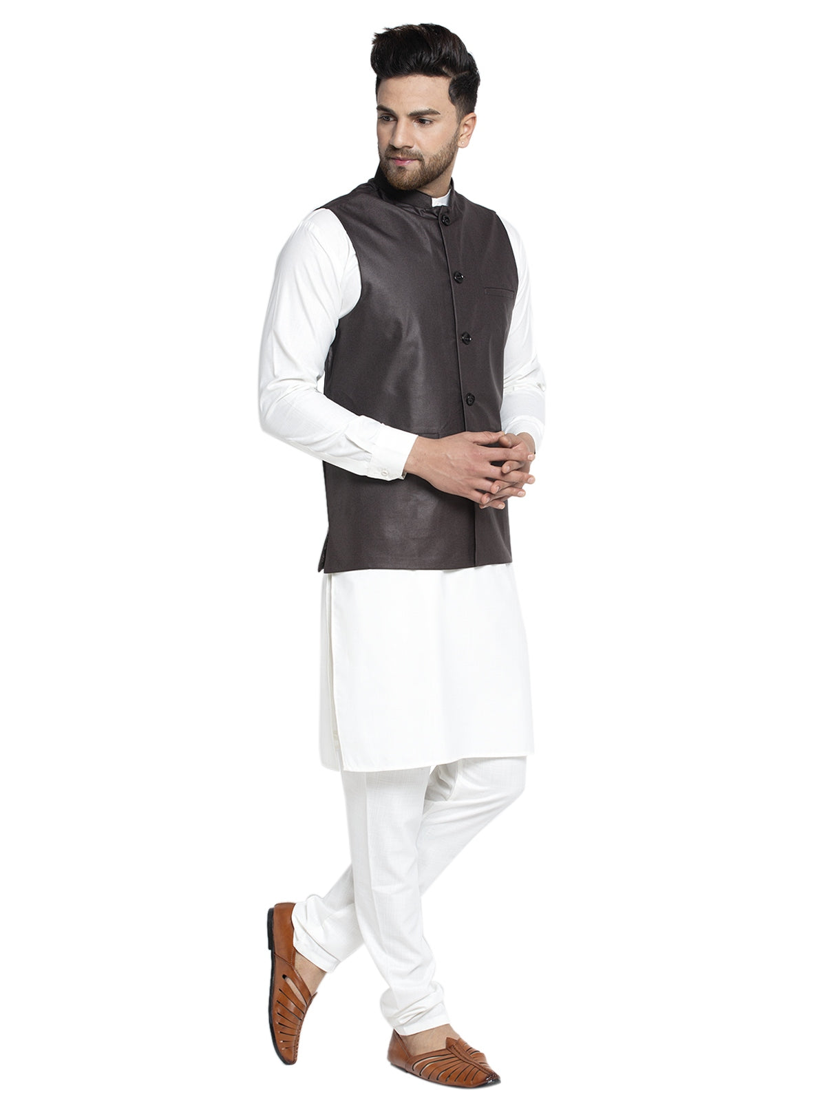 Solid White Cotton Kurta Payjama With Solid Coffee Waistcoat
