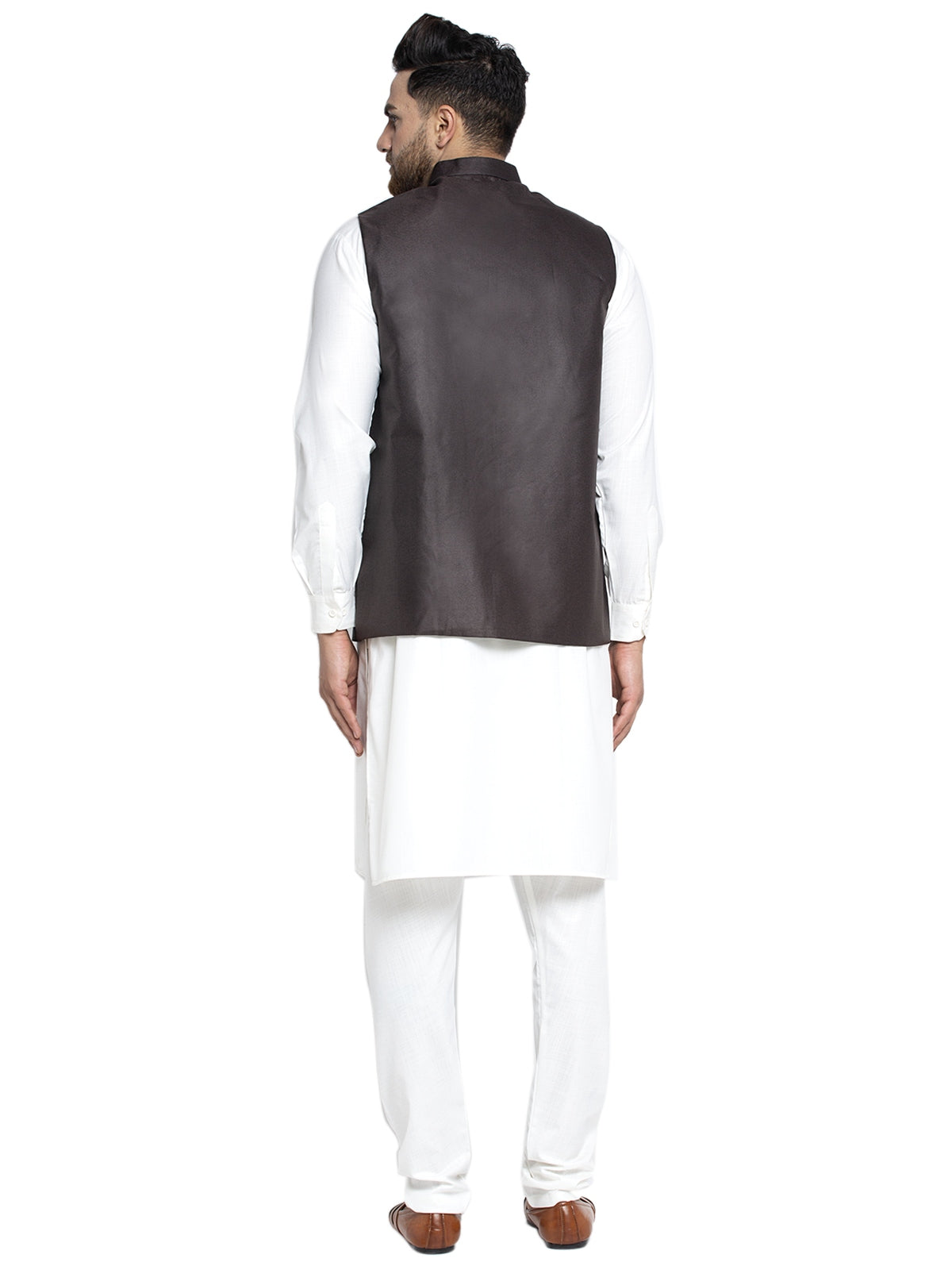 Solid White Cotton Kurta Payjama With Solid Coffee Waistcoat