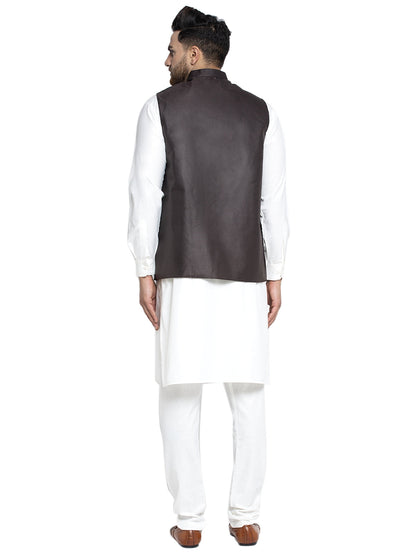 Solid White Cotton Kurta Payjama With Solid Coffee Waistcoat