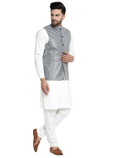 Solid White Cotton Kurta Payjama With Solid Grey Waistcoat