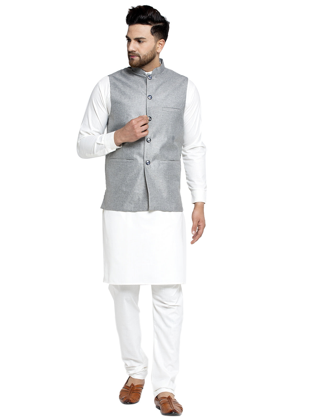 Solid White Cotton Kurta Payjama With Solid Grey Waistcoat