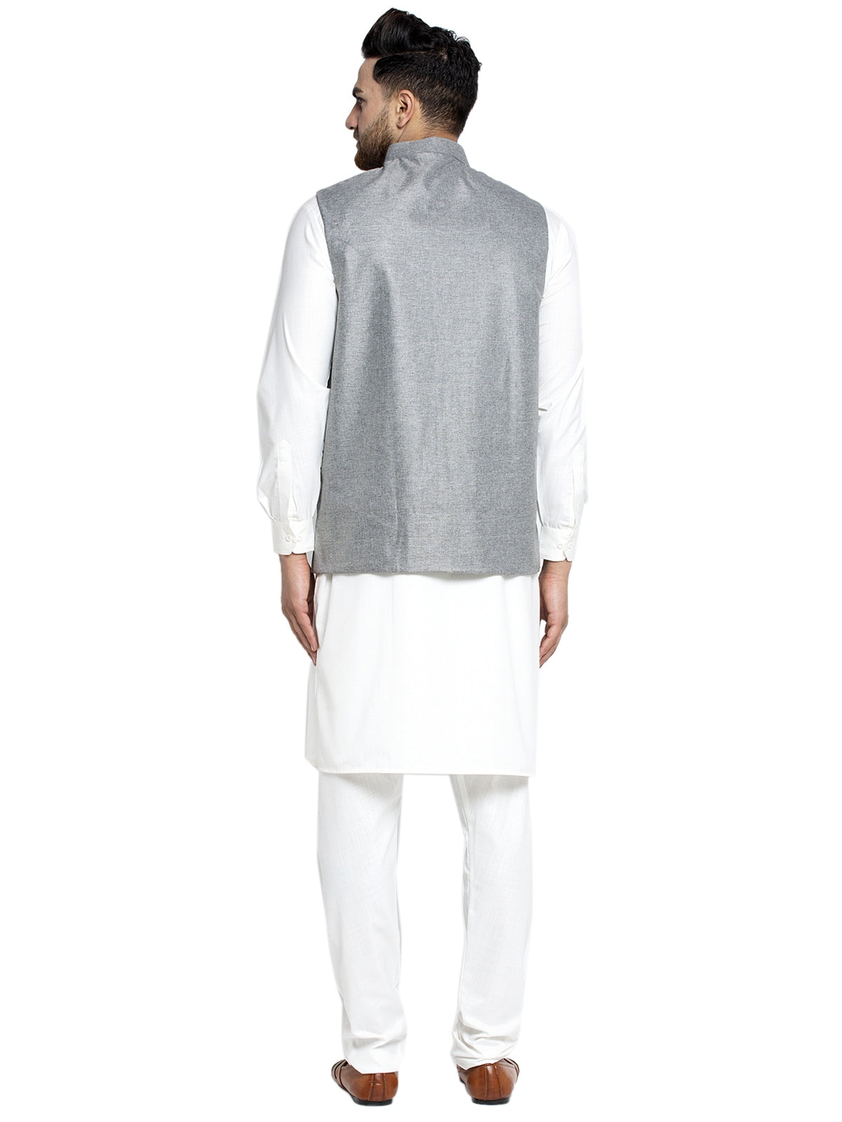 Solid White Cotton Kurta Payjama With Solid Grey Waistcoat