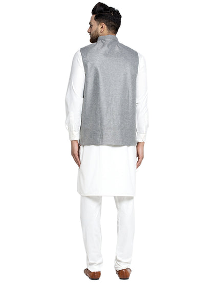 Solid White Cotton Kurta Payjama With Solid Grey Waistcoat
