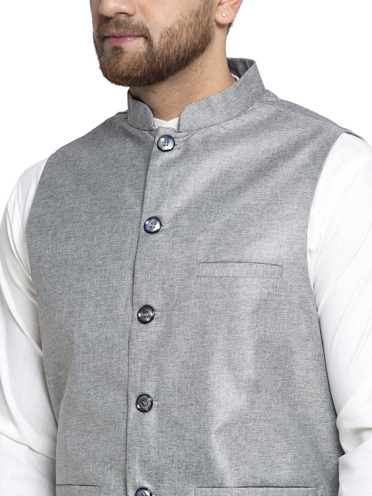 Solid White Cotton Kurta Payjama With Solid Grey Waistcoat