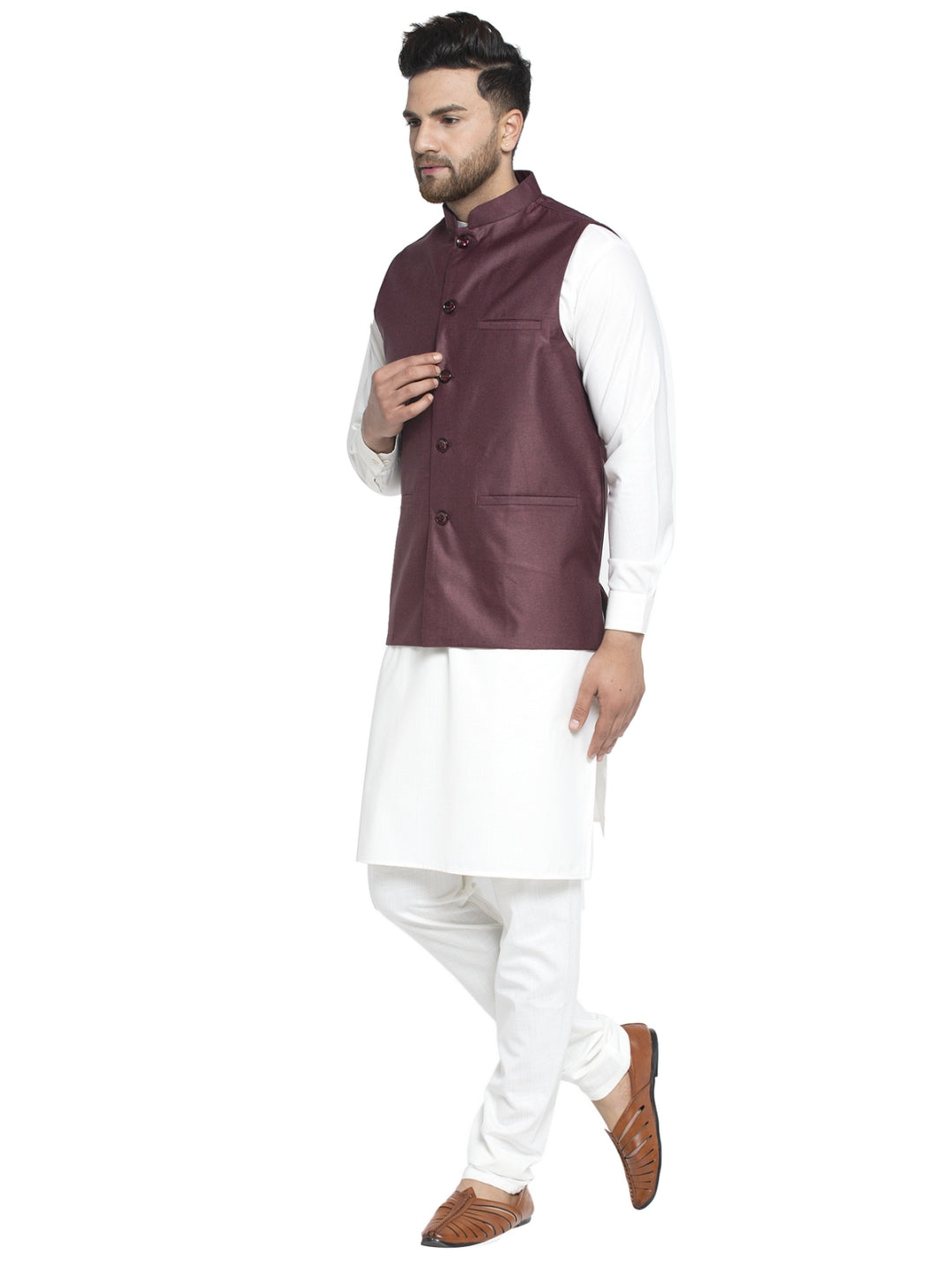 Solid White Cotton Kurta Payjama With Solid Maroon Waistcoat