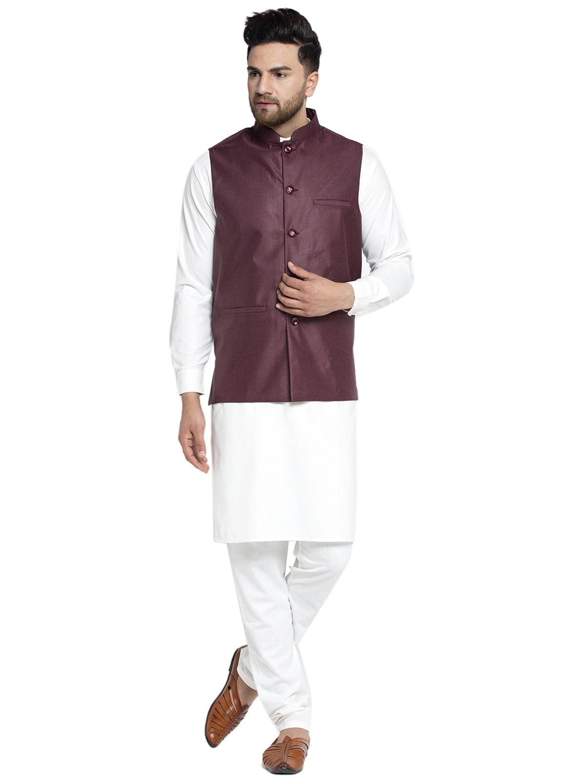 Solid White Cotton Kurta Payjama With Solid Maroon Waistcoat