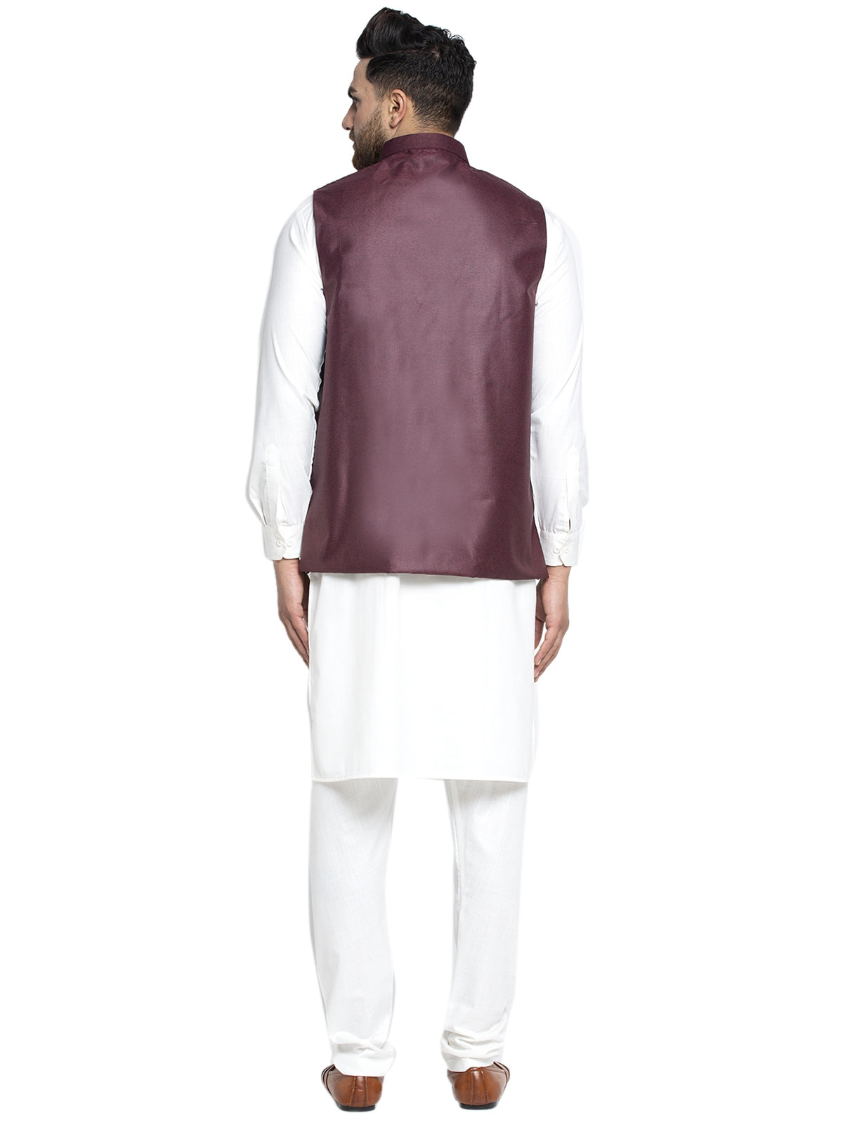 Solid White Cotton Kurta Payjama With Solid Maroon Waistcoat