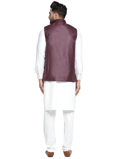Solid White Cotton Kurta Payjama With Solid Maroon Waistcoat