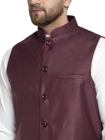 Solid White Cotton Kurta Payjama With Solid Maroon Waistcoat