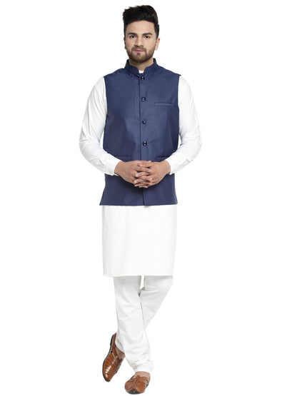 Solid White Cotton Kurta Payjama With Solid Navy Waistcoat