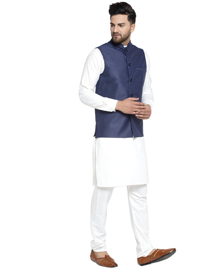 Solid White Cotton Kurta Payjama With Solid Navy Waistcoat
