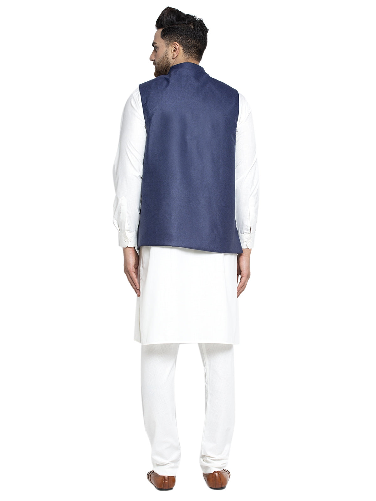 Solid White Cotton Kurta Payjama With Solid Navy Waistcoat