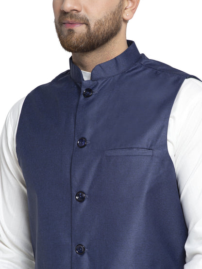 Solid White Cotton Kurta Payjama With Solid Navy Waistcoat